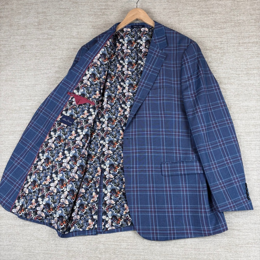 Alan Flusser Blue Plaid Butterfly Lining Sport Coat Blazer Mens 44L Eclectic